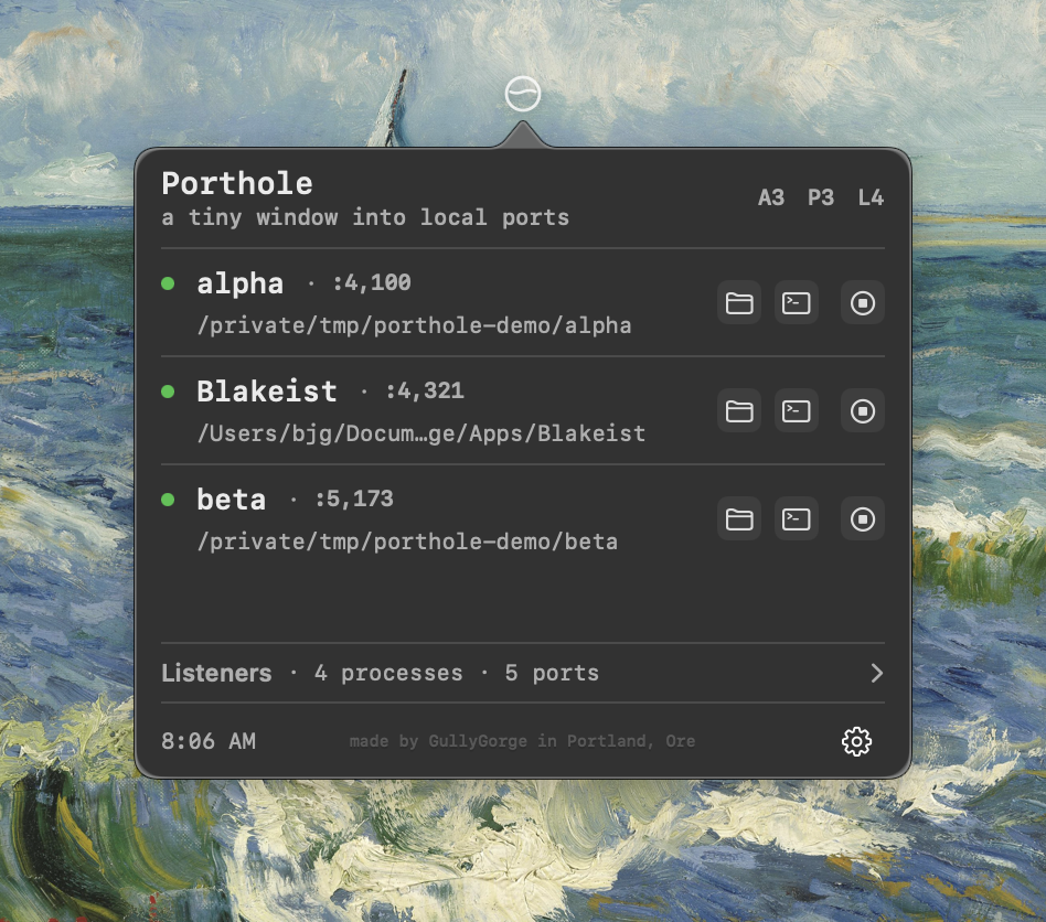 Porthole menu bar app showing local ports and process actions