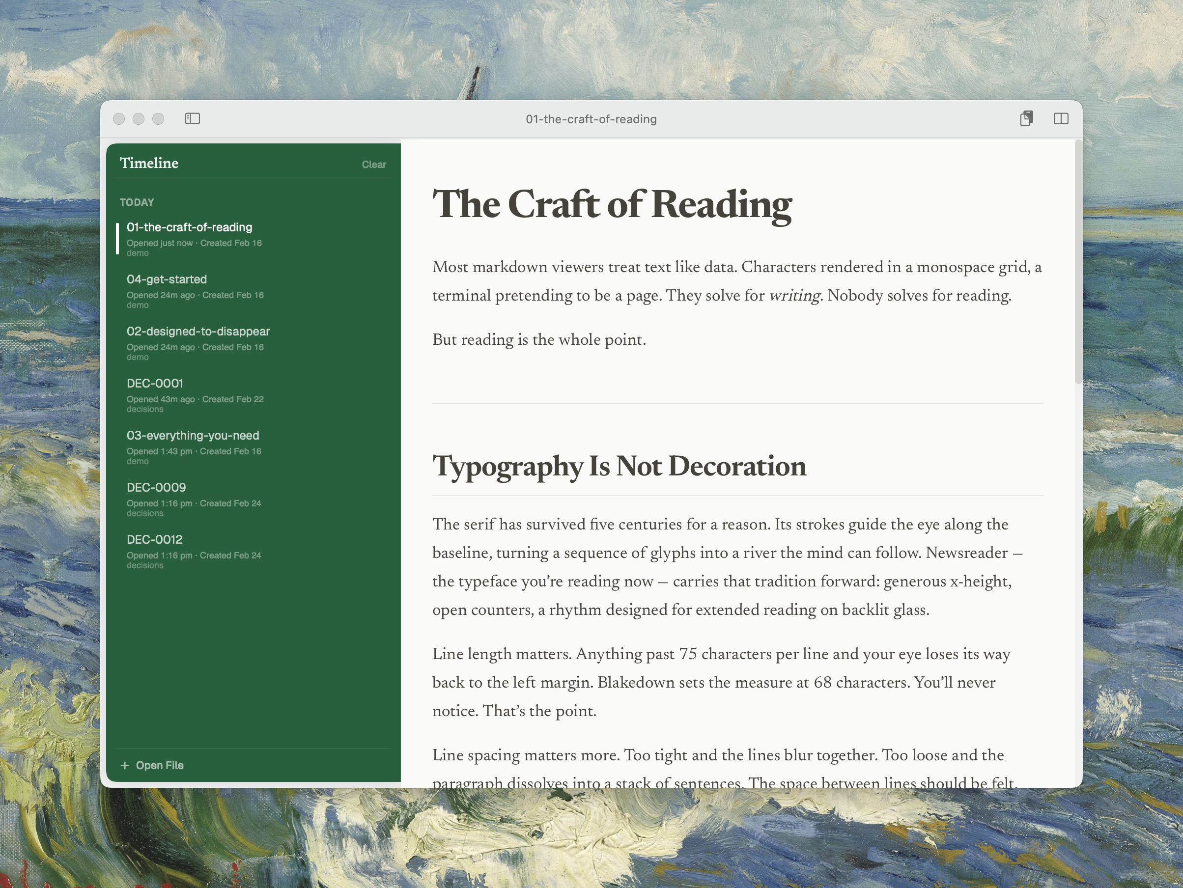Blakedown with Timeline sidebar and The Craft of Reading document, showing typography-focused markdown reading