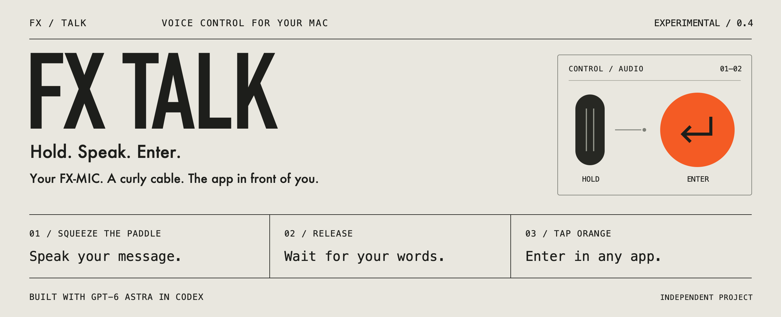 FX Talk — Hold. Speak. Enter. macOS utility for Teenage Engineering FX-MIC dictation and Enter